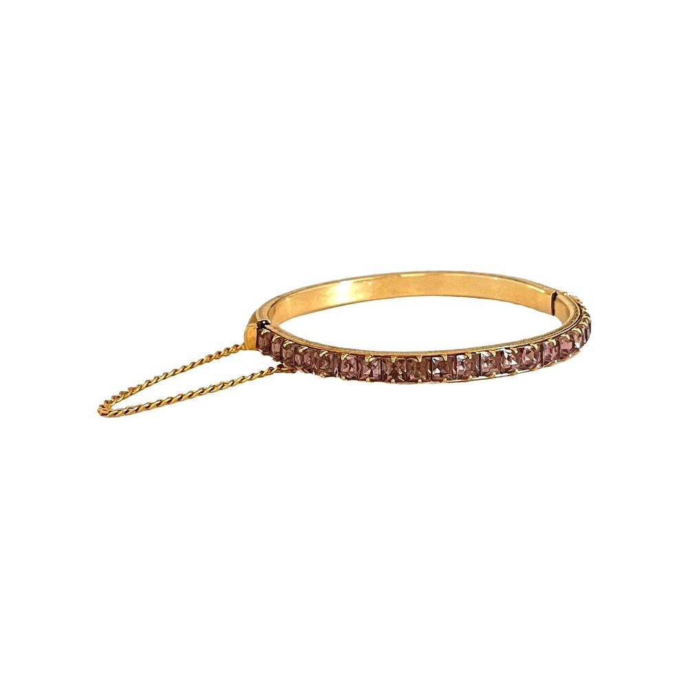Vintage 1960s Hinged Clamper Bracelet Light Purple Rhinestone Gold Tone - 15B
